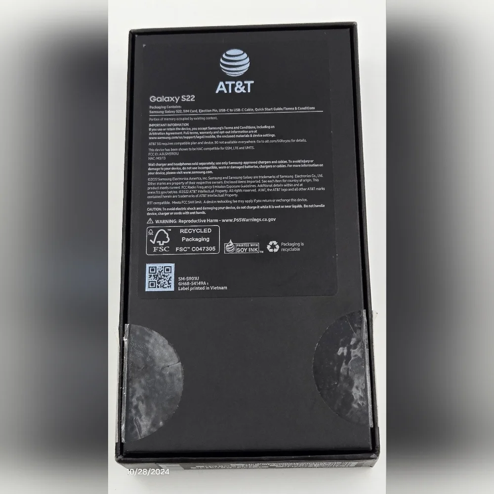 BOX ONLY - Samsung Galaxy S22 256GB Phantom Black AT&T - NO DEVICE